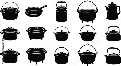 Collection of various black cast iron cookware, including Dutch ovens, frying pans, and kettles, suitable for cooking and rustic kitchen decor illustration
