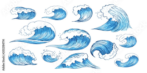 Photos Set of hand drawn blue ocean sea waves with white foam splashes in sketch style