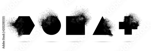 Geometric shapes with disintegration particle effect. Abstract shattered dust, explosion and spray distortion for circle, square, triangle, hexagon and cross. Vector set
