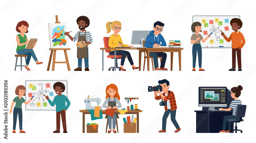 Fototapeta premium Creative people work on projects in various settings and activities together