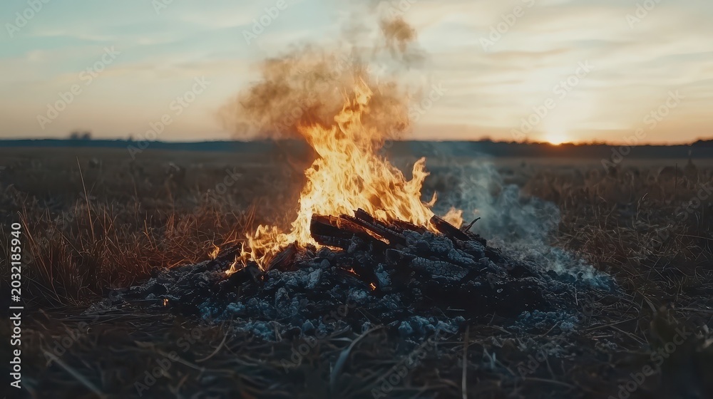 Fototapeta premium A dramatic sunset illuminates a rural field where a large fire burns, casting smoke and ash into the warm twilight sky.