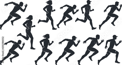 Foto Collection of running people silhouettes featuring diverse male and female athle