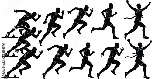 Bild auf Leinwand Collection of sprinting runner silhouettes featuring male athletes starting race