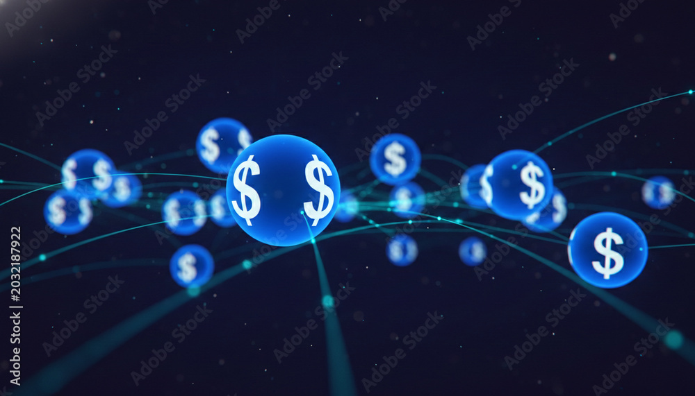 Fototapeta premium Abstract blue spheres with dollar signs connected by luminous lines, symbolizing financial network and digital currency, representing global commerce and abstract wealth.