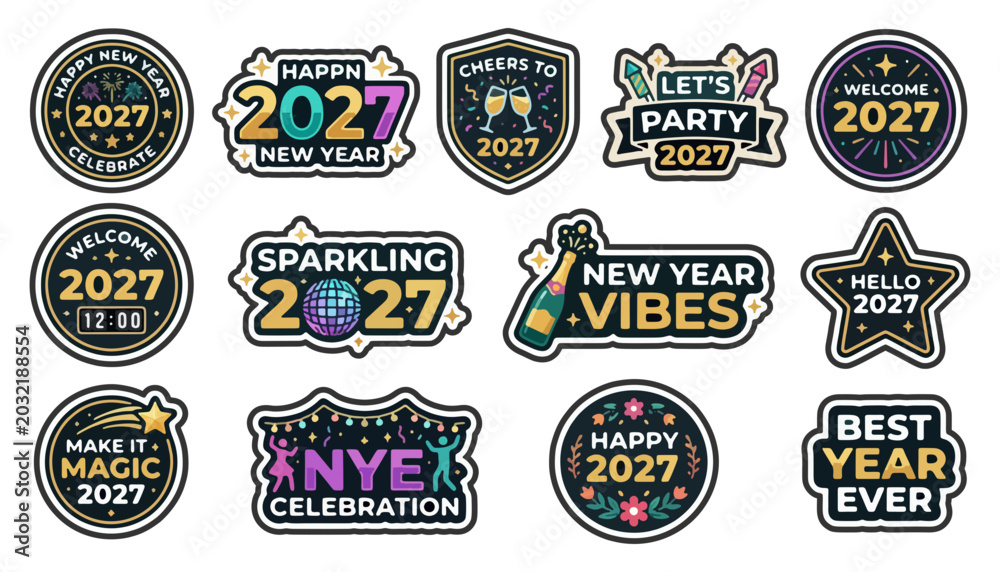 Naklejka premium New year 2027 sticker set with fireworks dancing figures celebratory messages party time midnight countdown good vibes great year celebration fireworks greeting illustration 