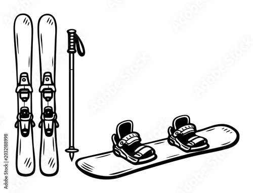 Skis, ski pole, and snowboard for winter sports. Illustration showing alpine recreation and cold weather activity gear
