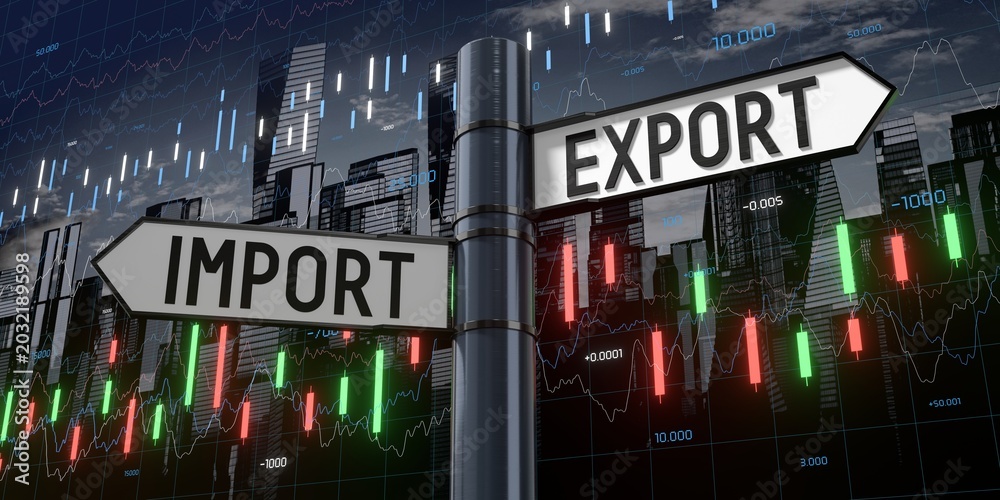 Obraz premium Import and export - signpost with two arrows and financial data - 3D illustration
