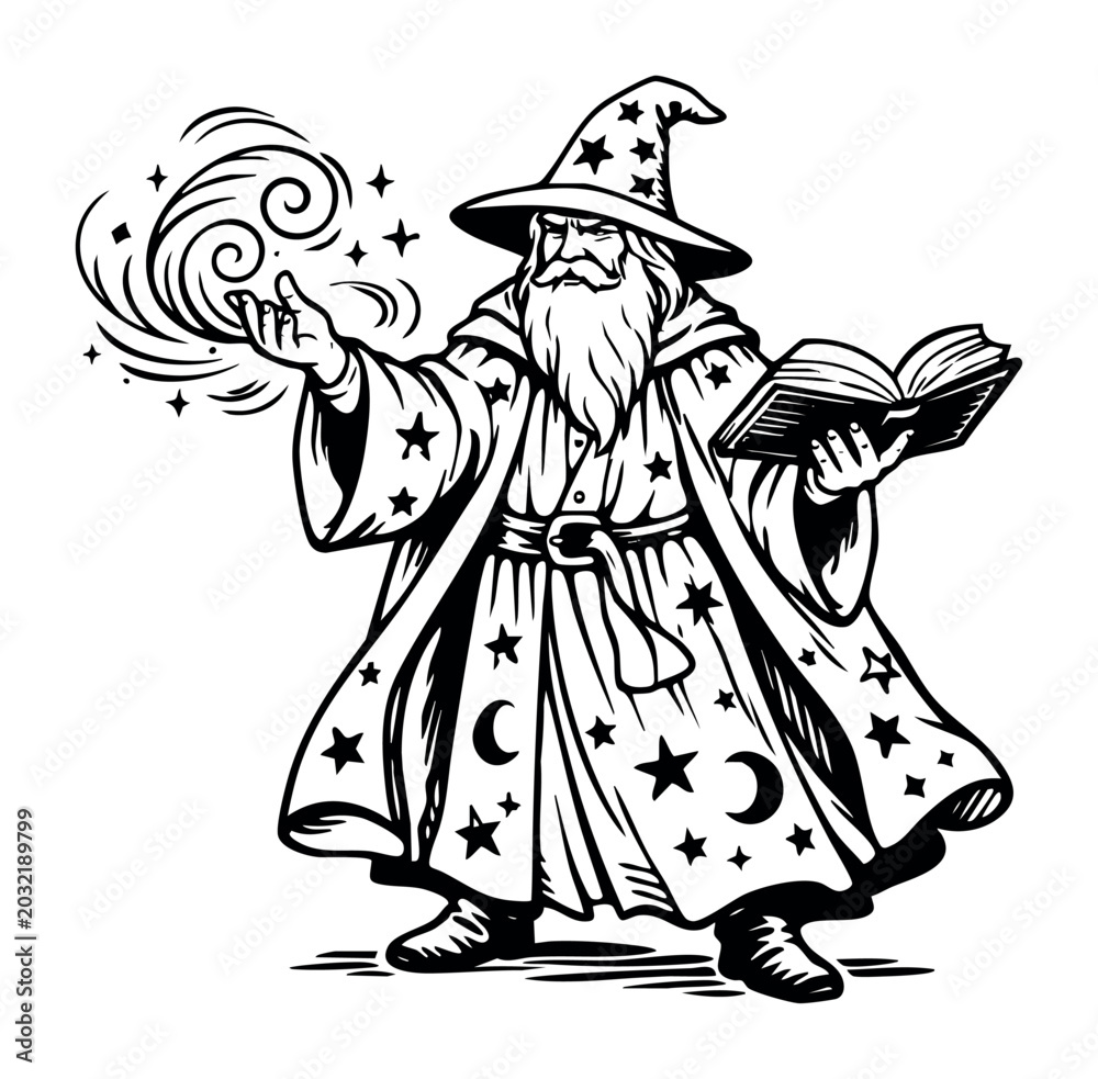 Obraz premium Wizard character casting magic from his hand, holding an open spellbook, a symbol of fantasy, enchantment, and sorcery