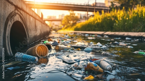 Overflowing city storm drains choked with accumulated plastic trash and floating debris in polluted urban waters.