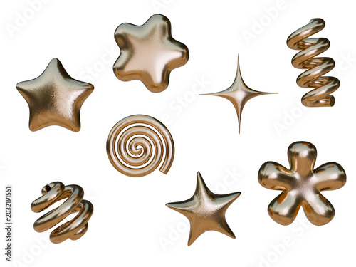 Set of different abstract 3d gold foil shapes