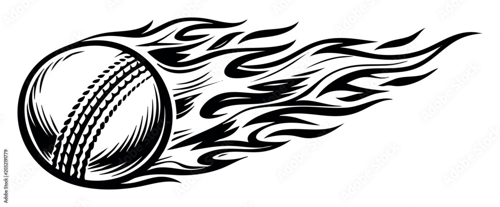 Obraz premium Cricket ball soaring through the air, engulfed in flames, illustrating intense speed, power, and competitive athletic energy