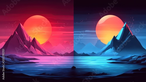 Split scene showcasing vibrant mountain landscapes at sunrise and sunset with glowing suns and tranquil waters