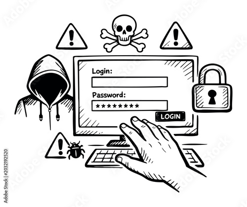 Hacker hand entering password on a login screen, with skull, warning signs, computer virus, padlock, symbolising cybersecurity threat