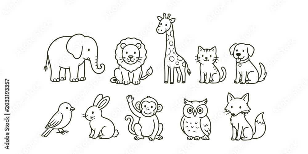 Obraz premium Hand-drawn cute wild and domestic animal characters doodle icon set vector illustration
