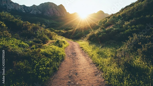 Winding dirt trail through lush green hills towards a majestic mountain range bathed in golden sunlight