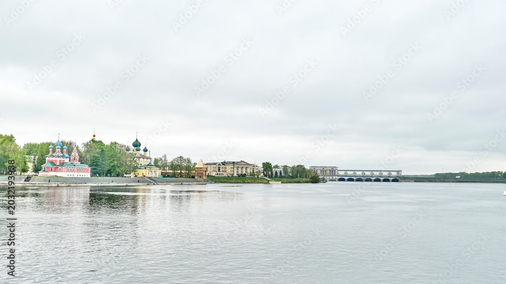 Obraz premium Uglich Kremlin and Hydroelectric Station on Volga River Bank, Russia