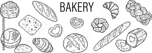 Schilderij op canvas Assortment of baked goods including bread, croissants, and buns for a bakery hea