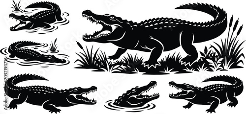 Canvastavla Crocodile Silhouettes With Vegetation On A White Background