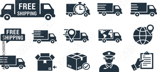 Foto Fast Delivery and Free Shipping Icon Set Featuring Courier Trucks, Logistics Ser