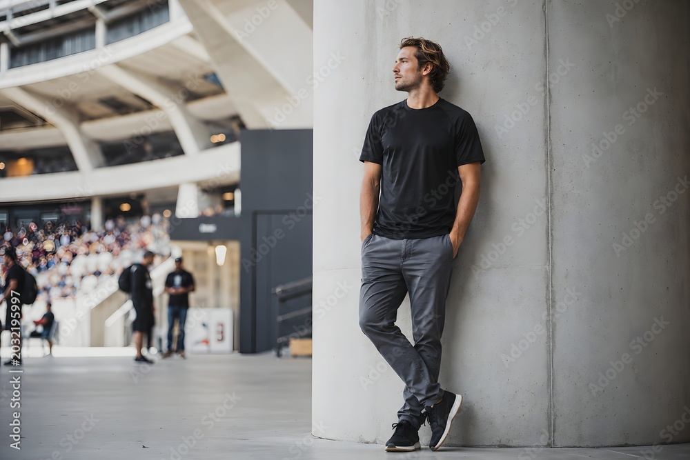 Fototapeta premium Handsome Man in Casual Black T-Shirt Leaning on Concrete Pillar Outside Modern Stadium Architecture