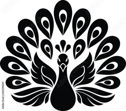 Stylized peacock silhouette design black and white vector illustration