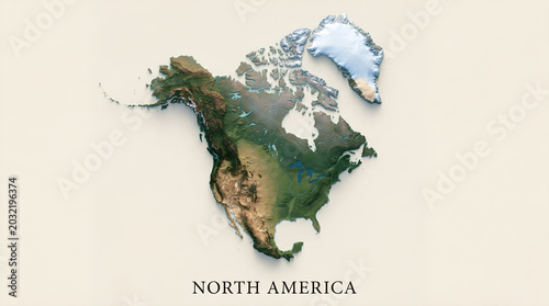 3D Topographical Relief Map of North America Continent with Terrain Elevation