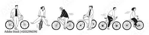 Fotografía Set of doodle people with bicycles