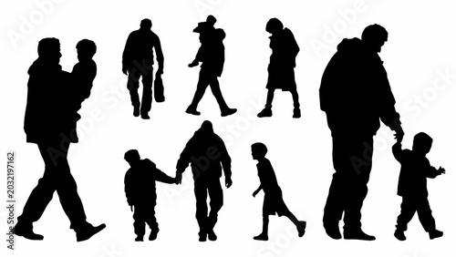 Photos Father's Day Family silhouettes, parents with kids walking, black vector icons,