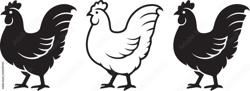 Fototapeta premium Black and white chicken and rooster silhouettes on white background for farm or animal designs