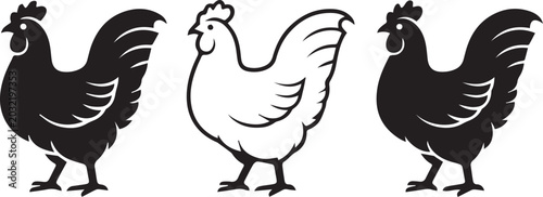 Black and white chicken and rooster silhouettes on white background for farm or animal designs