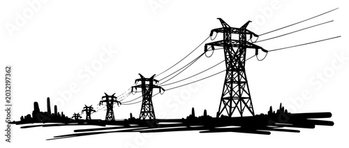 Cuadro en lienzo High Voltage Power Lines And Transmission Towers Landscape Monochrome Ink Sketch