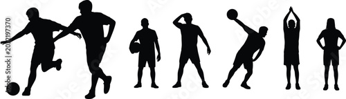 Photos Collection of black silhouettes of athletes playing soccer and handball in vario
