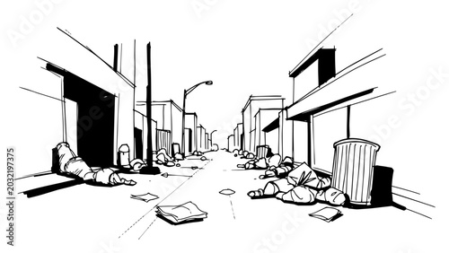 Tableau sur toile Abandoned City Street With Trash And Debris Urban Decay Monochrome Ink Sketch Ve