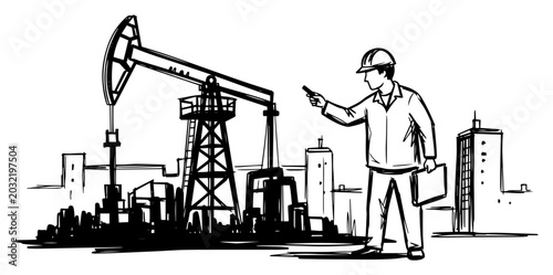 Canvastavla Engineer Inspecting Oilfield Pumpjack With City Skyline Black And White Vector I
