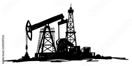 Fotografie Oil Pumpjack And Derrick In Onshore Oilfield Monochrome Ink Sketch Vector