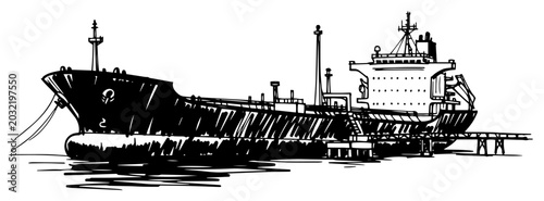Фотография Large Cargo Tanker Moored At Port Terminal Black And White Vector Illustration