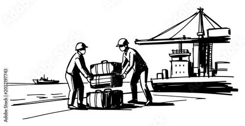 Foto Dock Workers Loading Luggage At Seaport Terminal With Crane Black And White Vect