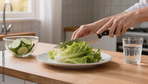 Fresh Lettuce and Cucumber Preparation in Modern Kitchen
