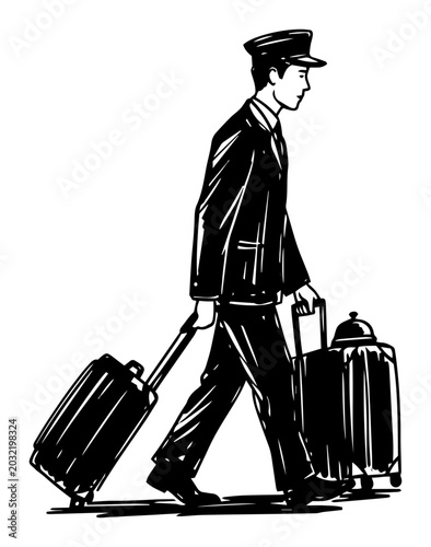 Foto Hotel porter walking with suitcases — black and white vintage style vector drawi