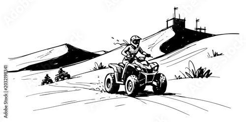 Bild auf Leinwand Desert quad bike adventure riders on sand dunes — black and white vector illustr