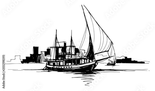 Fotografía Traditional Felucca Sailboats On The Nile River City Skyline Black And White Vec