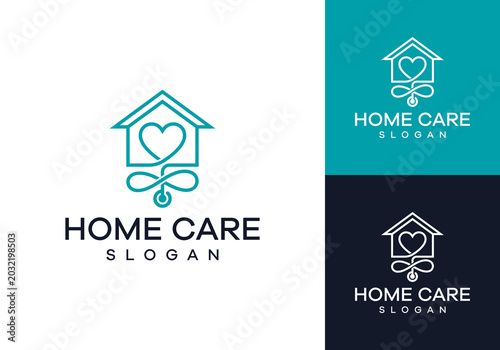 Modern and heartfelt line art logo featuring a house with a central heart and a decorative ribbon, symbolizing compassionate home care, support, and welfare services