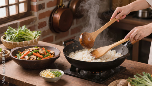 Cooking Healthy Stir Fry Vegetables with Rice in Traditional Wok
