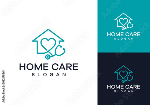 Professional vector illustration of a home healthcare logo combining a house, heart, and stethoscope elements, ideal for medical and care services branding and visual identity