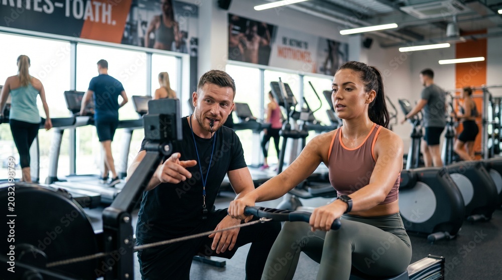 Fototapeta premium Fit Trainer Instructing Woman Performing Rowing Machine Exercise in a Modern Gymnasium Setting
