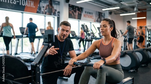 Fit Trainer Instructing Woman Performing Rowing Machine Exercise in a Modern Gymnasium Setting