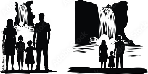Tableau sur toile Happy family silhouettes looking at beautiful tropical waterfall scenery black v