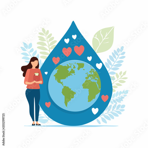 Woman Caring for Planet Earth in a Water Drop