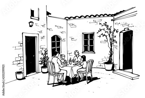 Family having dinner outdoors on a patio hand drawn sketch vector illustration