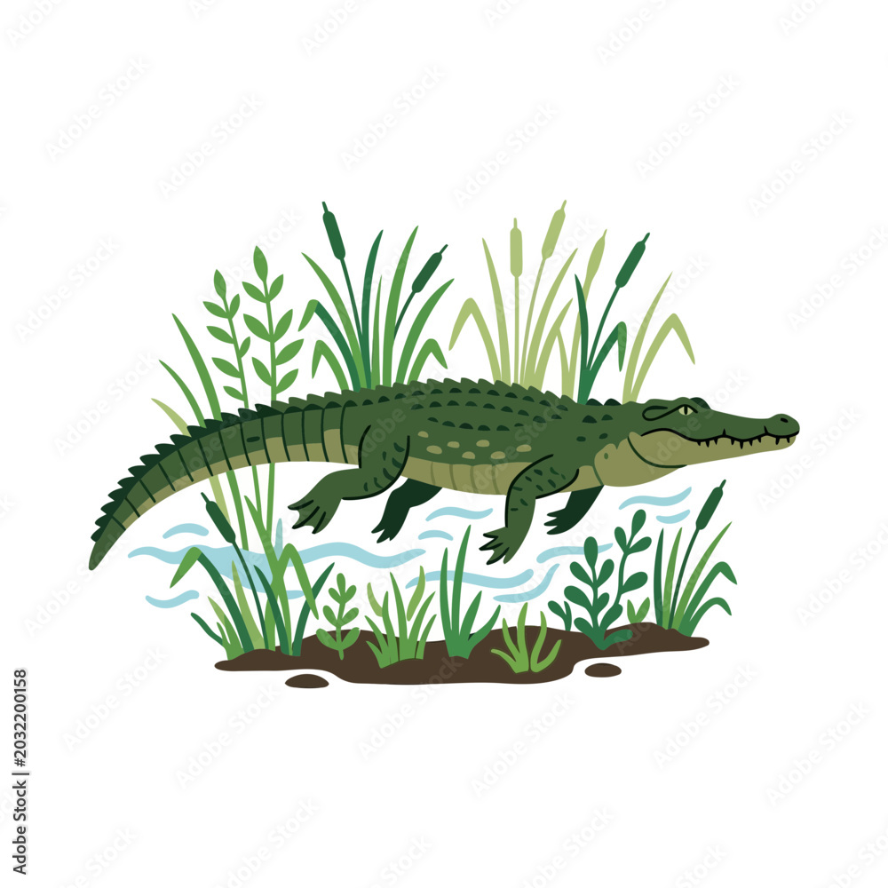 Fototapeta premium Green alligator in marsh with reeds and water, flat illustration
